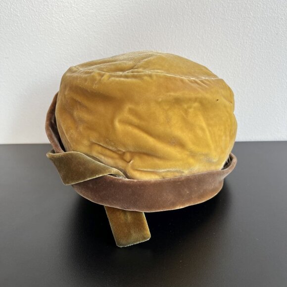 vintage 60s hat mustard yellow velvet cloche pillbox flapper fold cap - Picture 8 of 10
